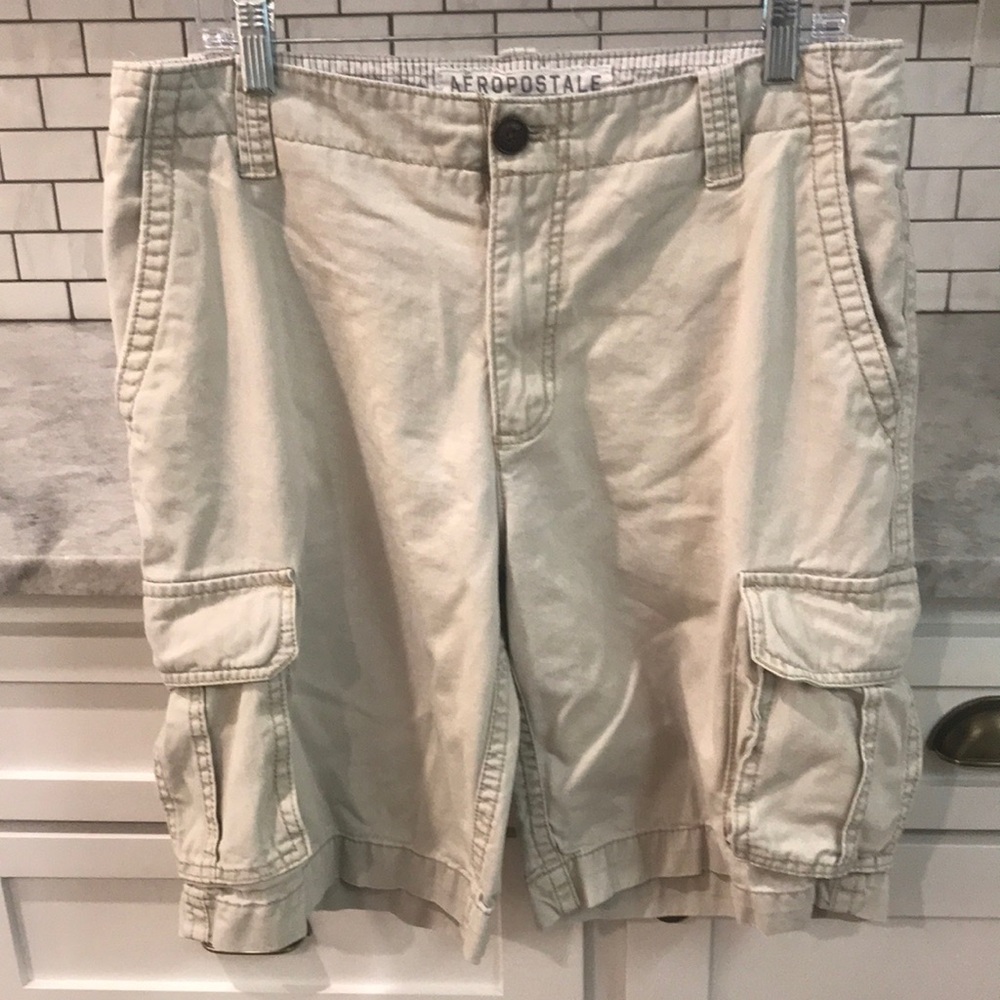 Aeropostale Y2K Utility Cargo Shorts Mens 34 Tan Kahki Baggy 10.5 Inch Inseam